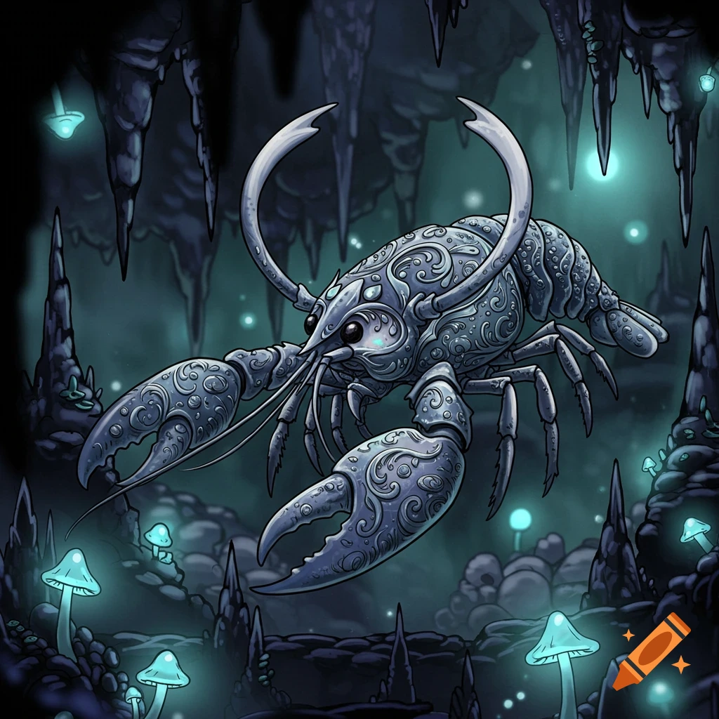 A stylized gray ornate lobster with large horns in a dark, glowing mushroom cave, reminiscent of Hollow Knight art.