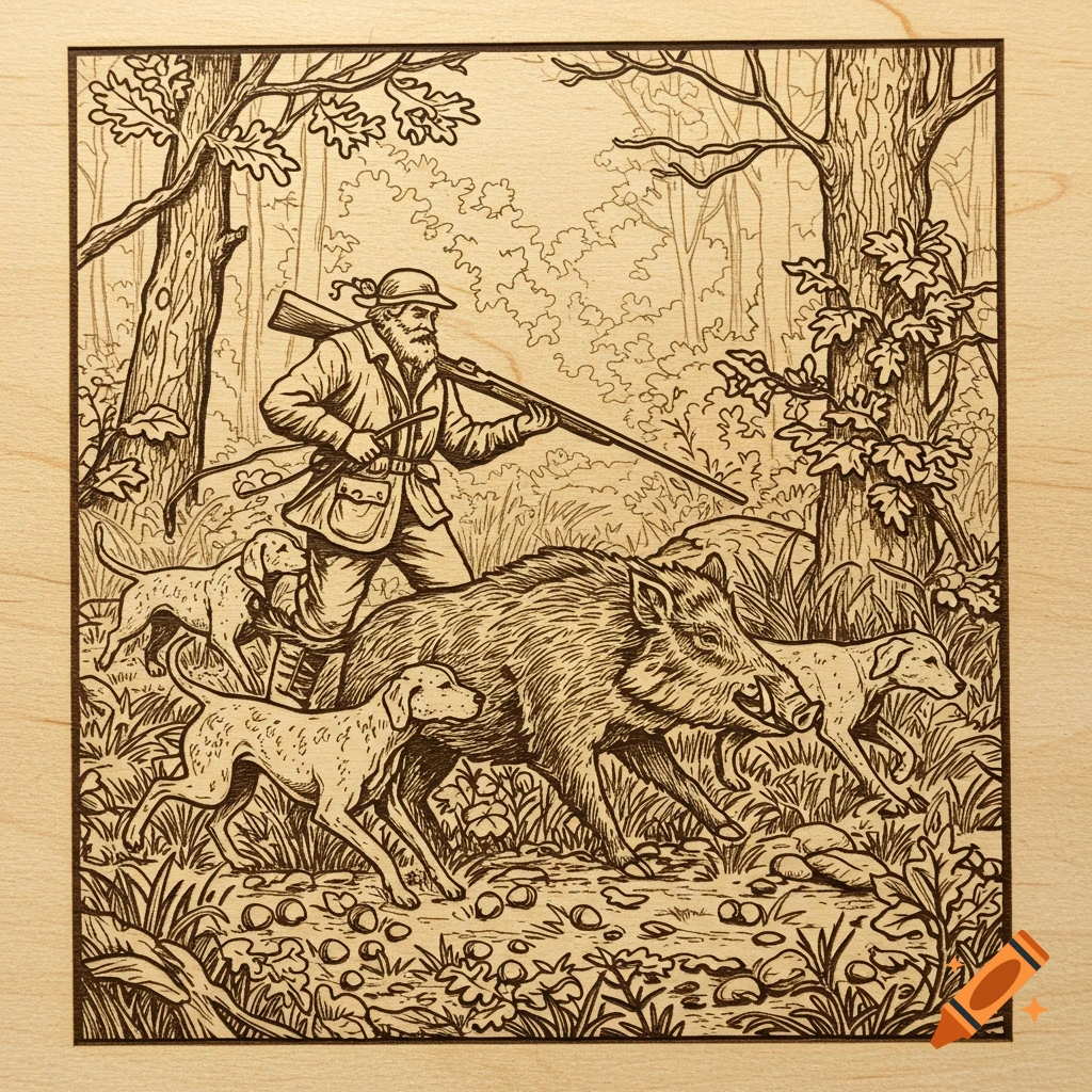 A detailed woodcut-style illustration of a hunter with two dogs chasing a wild boar through a forest.