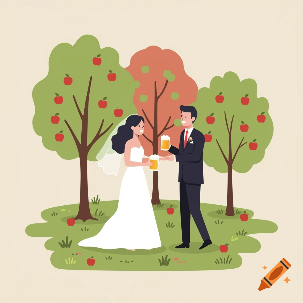 Cartoon illustration of a bride and groom in formal wedding attire, holding pint glasses and toasting in an apple orchard.