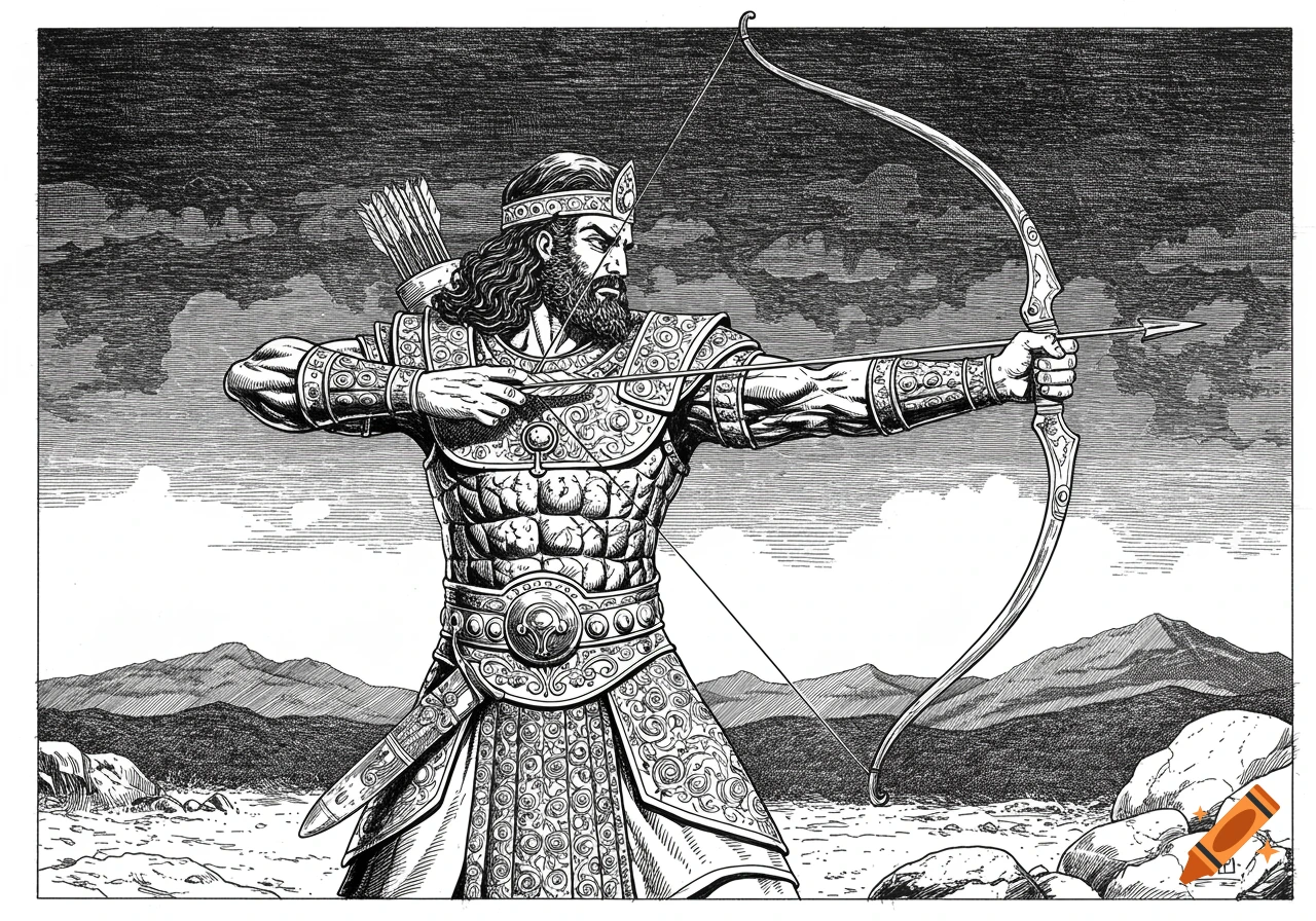 A strong, bearded ancient Persian hero in ornate armor aims a bow and arrow, depicted in a detailed black and white comic art style with cross-hatching.
