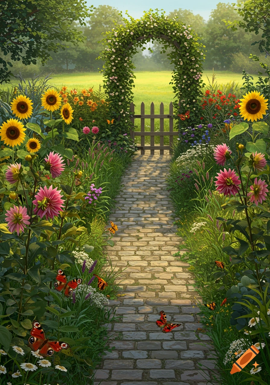 A vibrant garden path leading to a wooden gate, lined with colorful flowers, sunflowers, and butterflies, under a lush green archway.