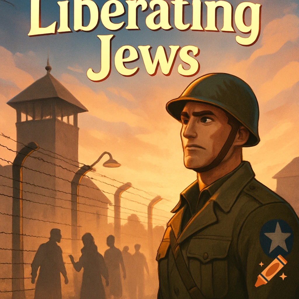 Stylized illustration of an American soldier in front of a WWII concentration camp with barbed wire and the title "Liberating Jews".