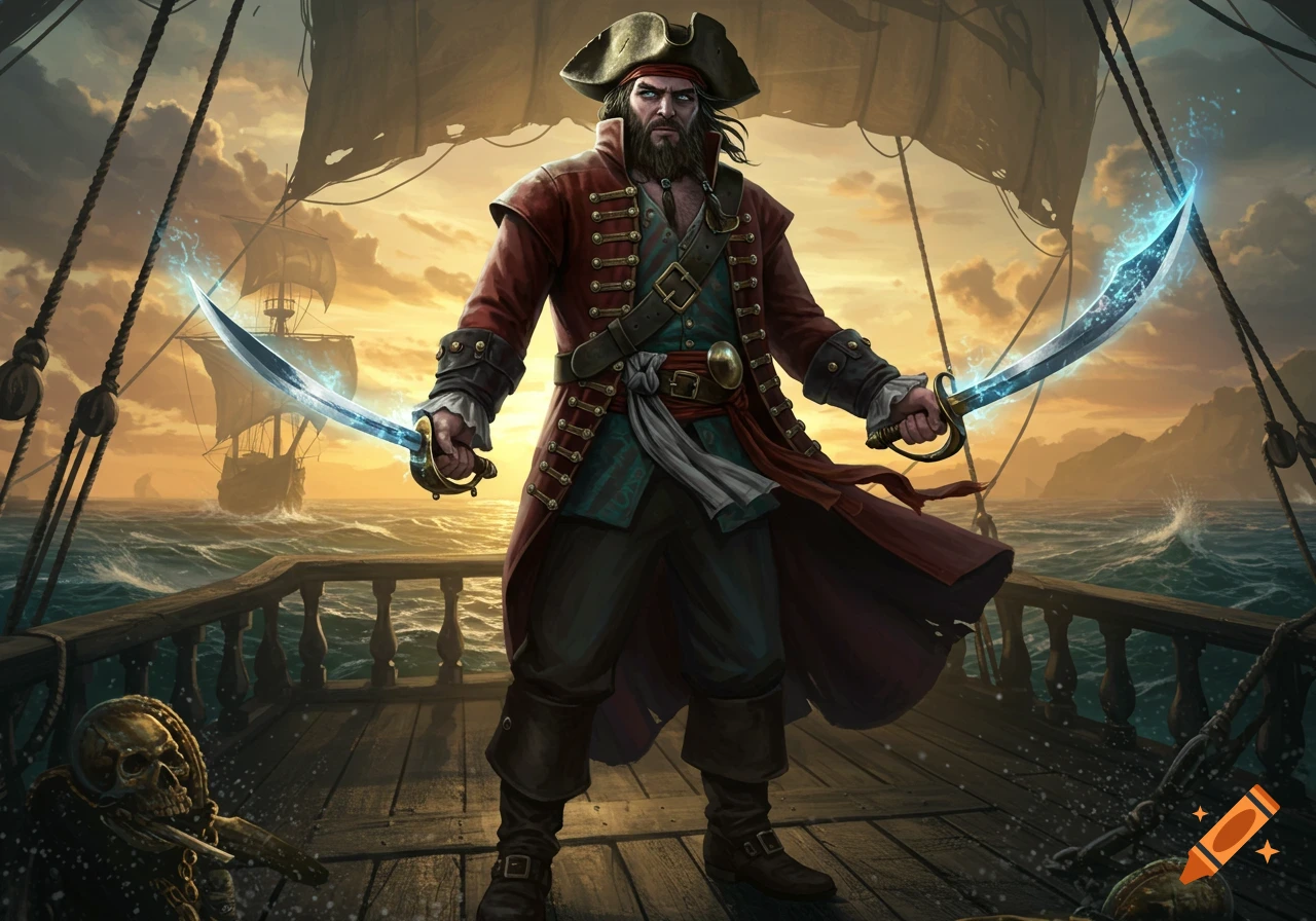 A fierce pirate captain on a ship's deck, holding two glowing swords at sunset, with another ship in the distance.
