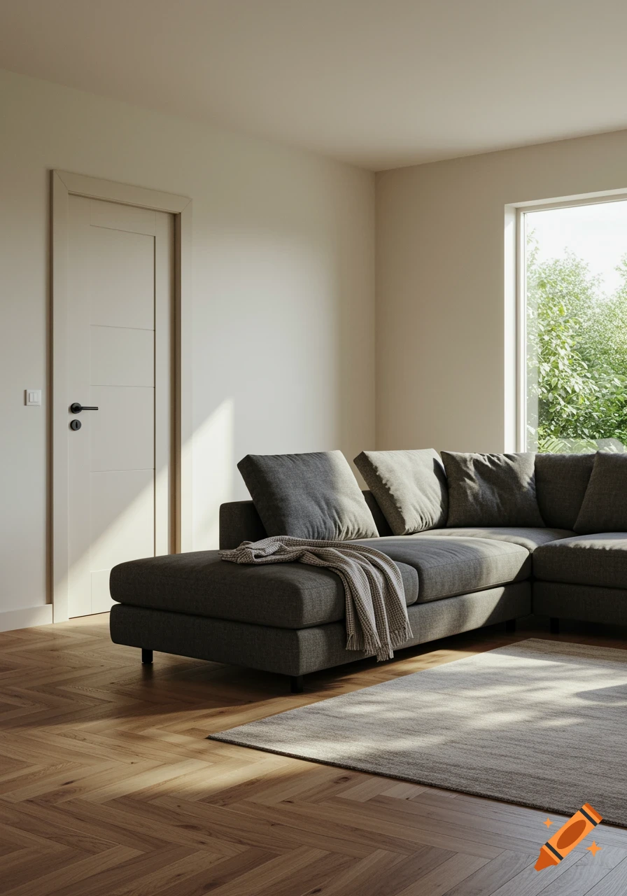 A modern living room with a gray corner sofa, light wood herringbone floor, and a tall window with green trees outside.
