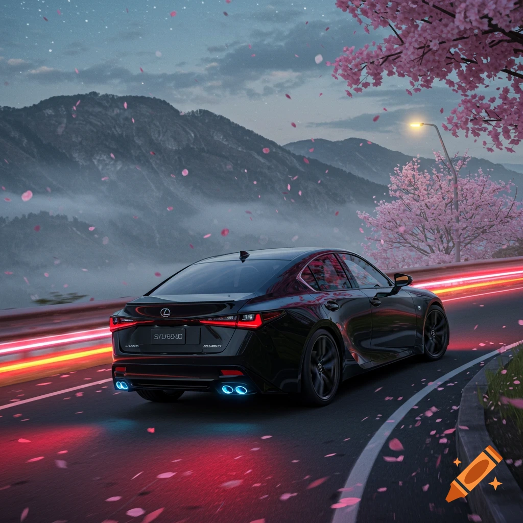 A black Lexus car drives on a winding mountain road at dusk, with cherry blossoms and bright light trails in an anime style.