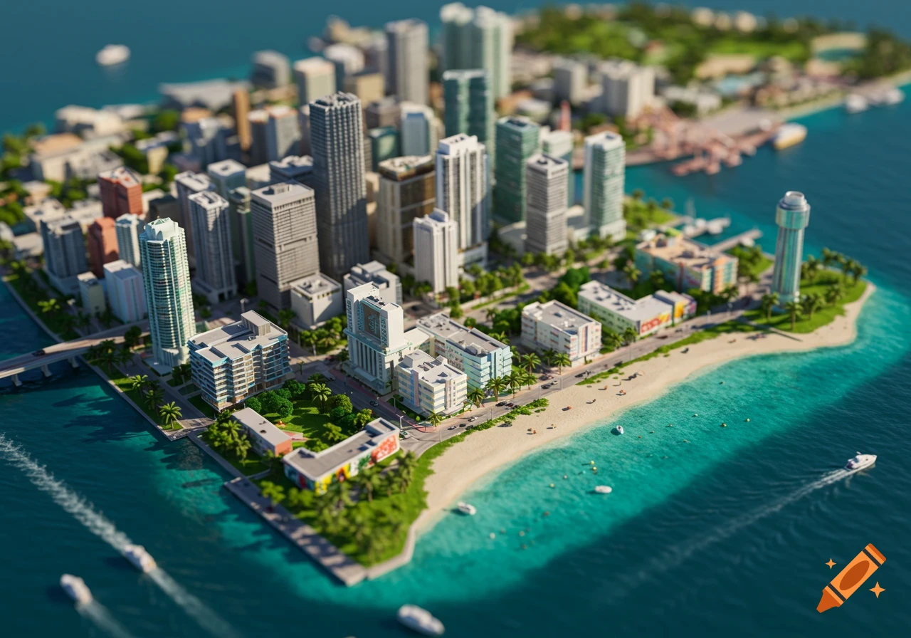 A photorealistic 3D miniature diorama of Miami's cityscape, featuring skyscrapers, beaches, and turquoise waters.