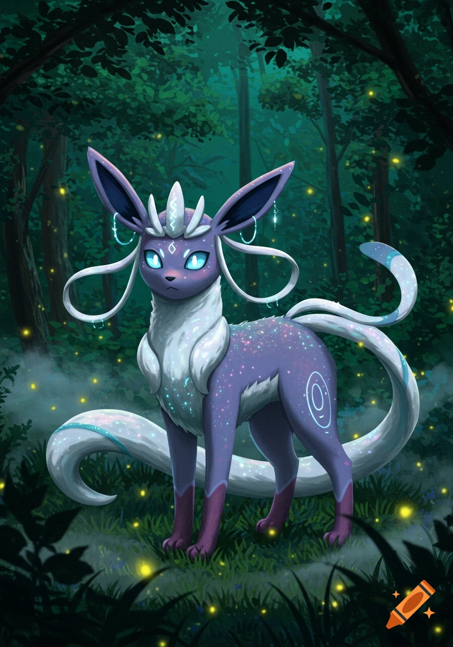 A majestic purple and white Eeveelution-like creature with glowing eyes stands in a magical, dark forest filled with fireflies.