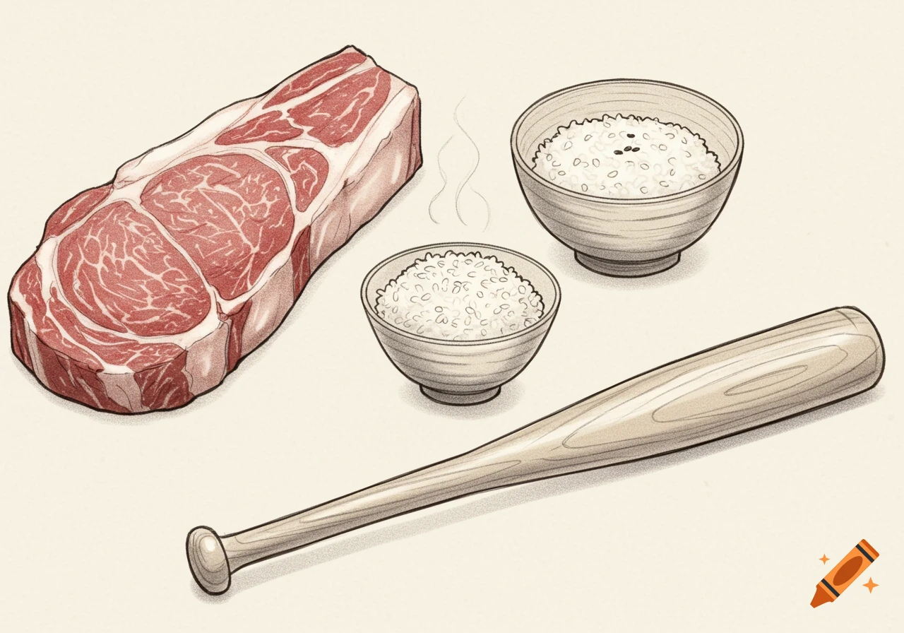 A raw steak, two bowls of rice, and a baseball bat rendered in a sketch style with soft shading and pencil textures.