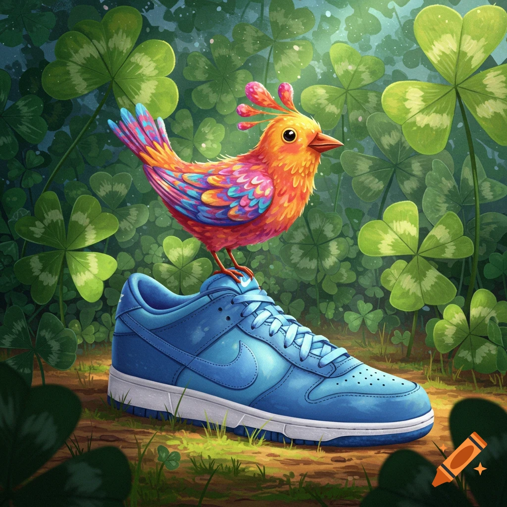 A vibrant, colorful bird perches on a blue Nike sneaker amidst a lush clover patch in a whimsical illustration.