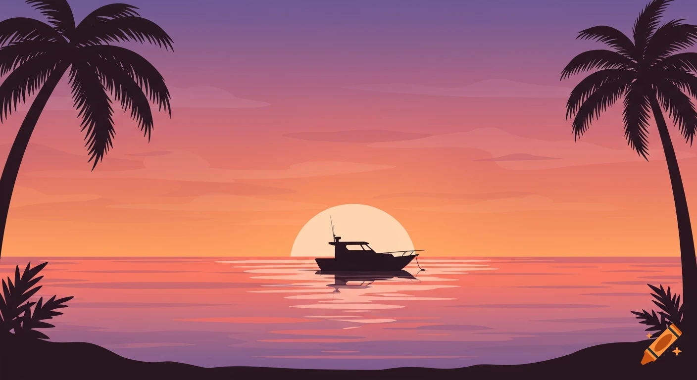 Stylized illustration of a tropical sunset with a boat on the water and palm tree silhouettes.