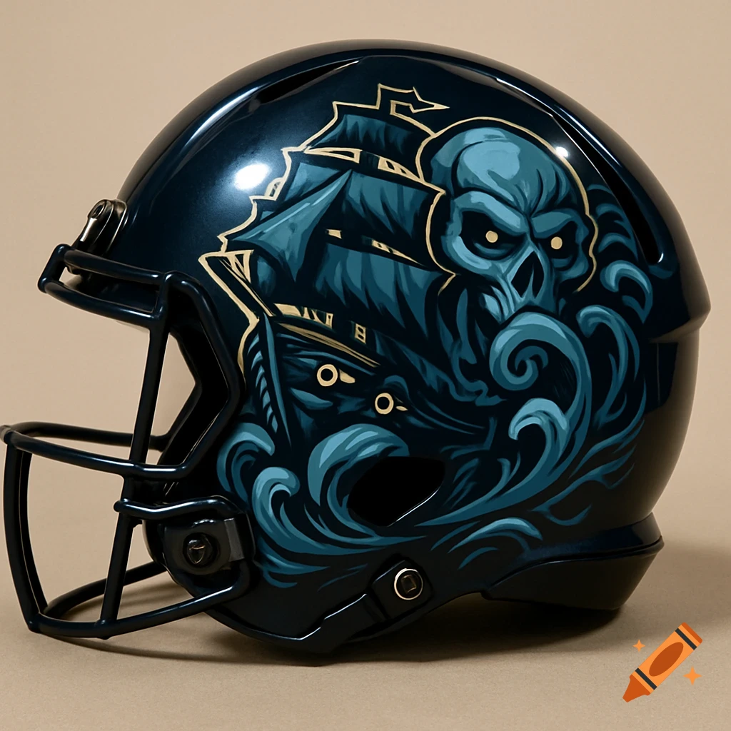 A dark blue football helmet features a stylized logo of a teal Cthulhu-like skull with tentacles and a pirate ship, highlighted with gold accents.