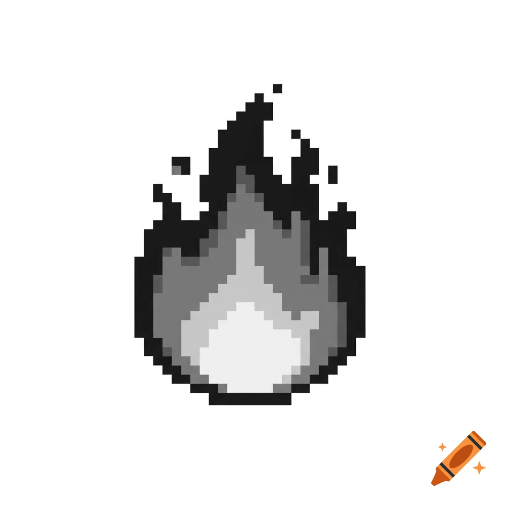A monochrome pixel art icon of a stylized fire flame.