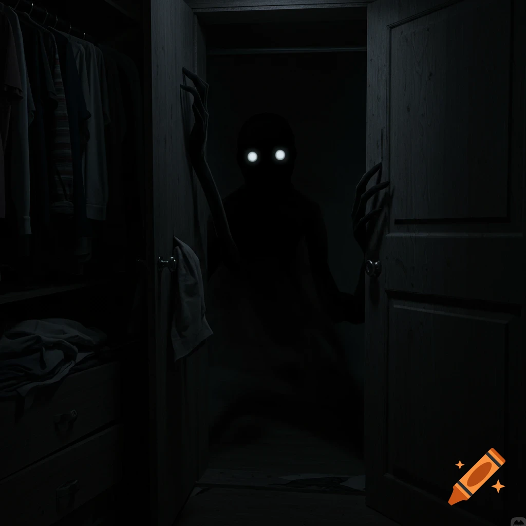 A shadowy monster with glowing white eyes and long, clawed hands emerges from a dark closet.