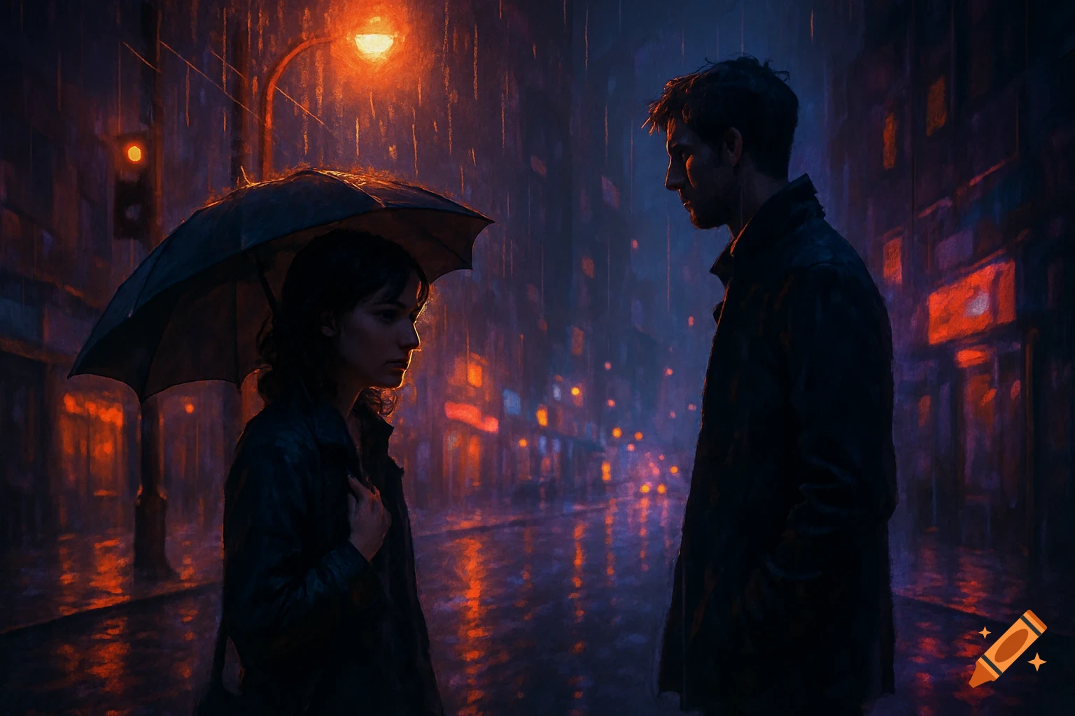 A man and a woman stand on a rainy city street at night, illuminated by orange streetlights. The woman holds an umbrella. Stylized painterly effect.