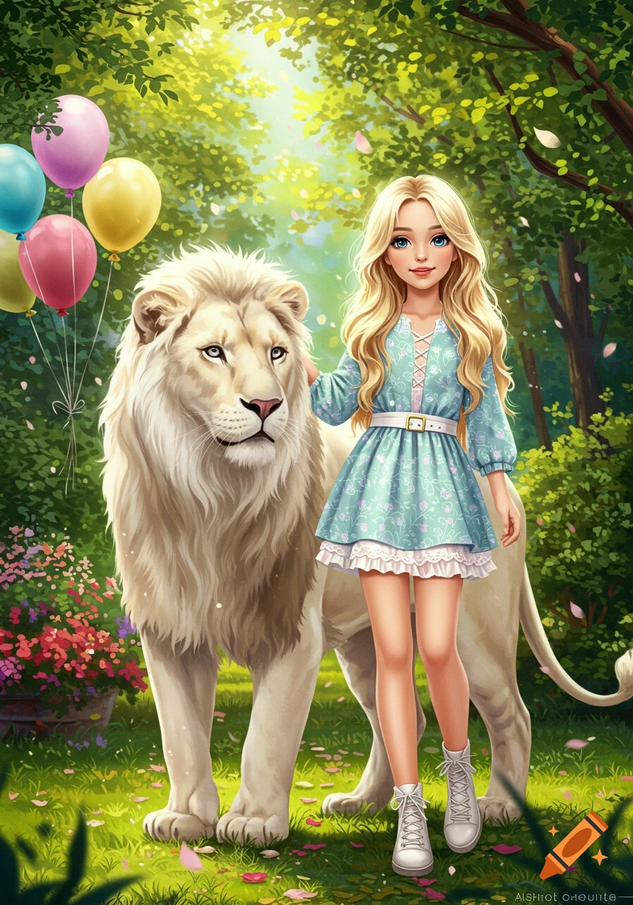 A blonde girl in a blue dress stands next to a majestic white lion in a vibrant, illustrated fantasy forest with colorful balloons.