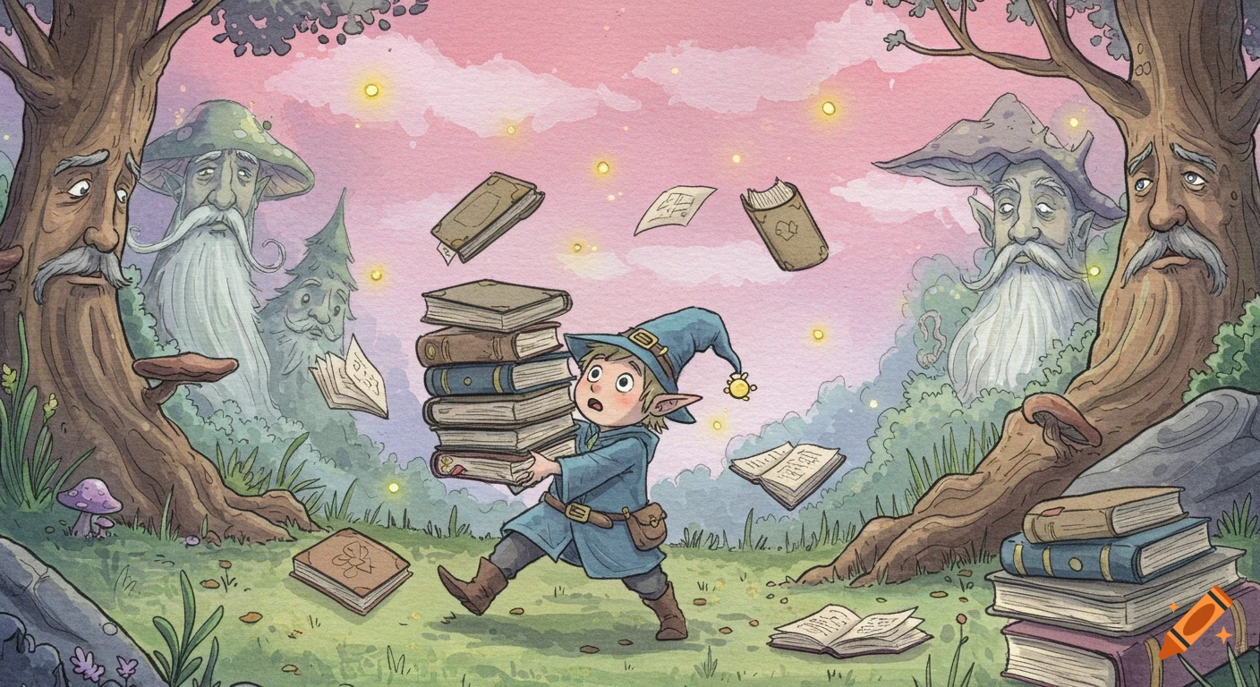 A clumsy elf wizard with pointy ears carries a pile of spellbooks through an enchanted forest with sentient trees and glowing mushrooms, in a watercolor illustration.