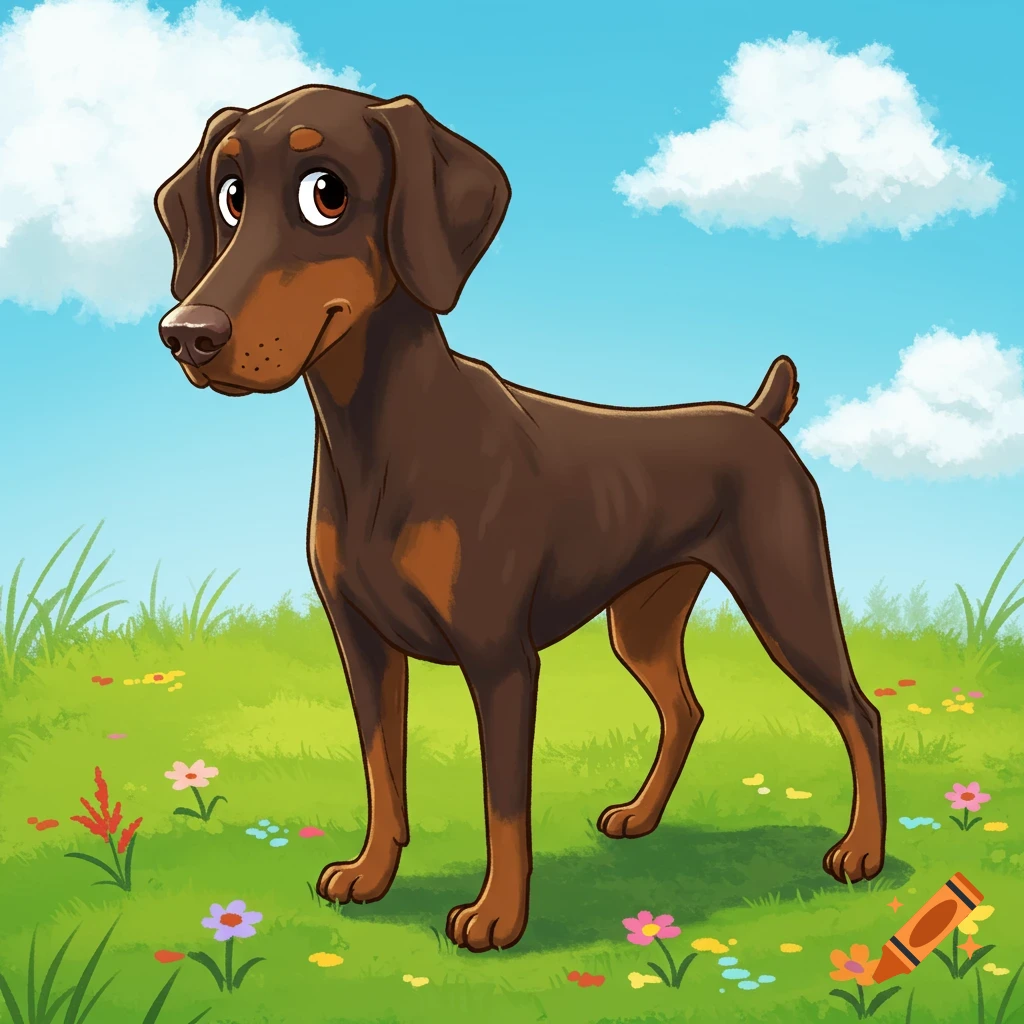 Cartoon illustration of a brown Doberman with floppy ears and a short tail standing in a grassy field under a blue sky.