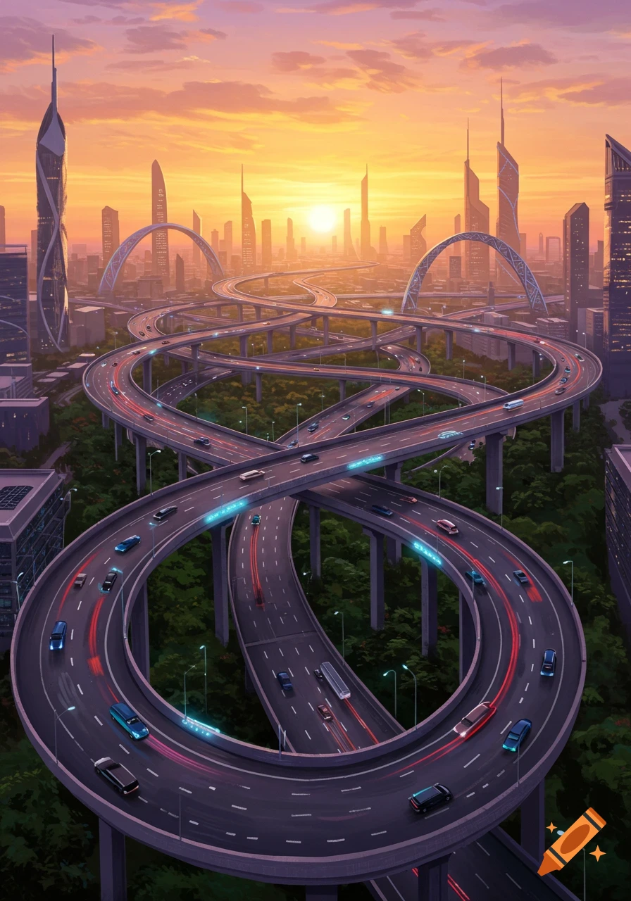 A vibrant futuristic cityscape at sunset with multiple layers of intertwined highways and tall, modern skyscrapers.