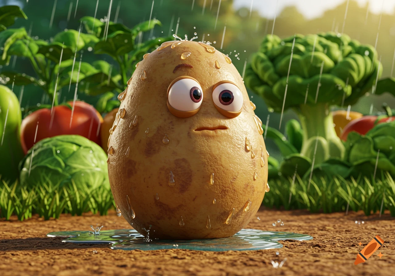 A sad-looking cartoon potato stands in a garden during a rain shower, covered in water droplets.