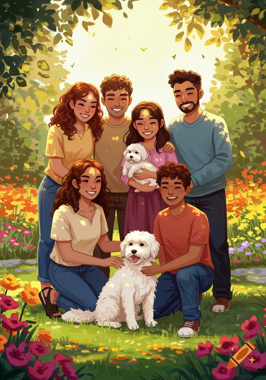 An illustrated portrait of a smiling family with two white dogs in a lush, green park with colorful flowers.