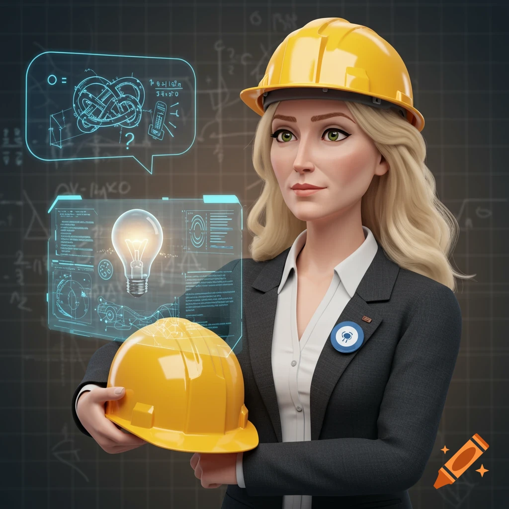 A blonde woman in an engineer's hard hat holds another hard hat, standing in front of holographic displays with a lightbulb and equations.