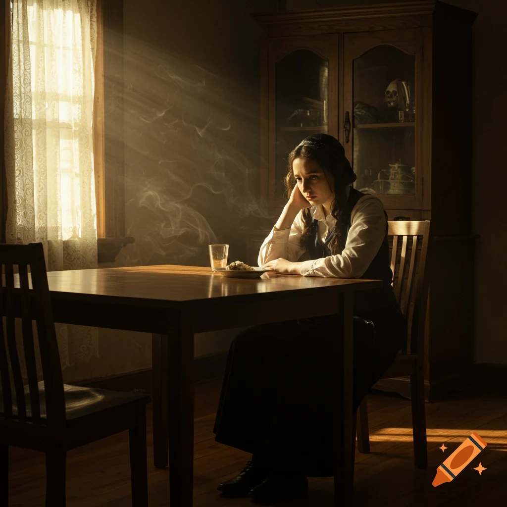 A somber woman with dark hair and a white shirt sits at a wooden table, head resting on her hand, bathed in sunlight streaming through a window.