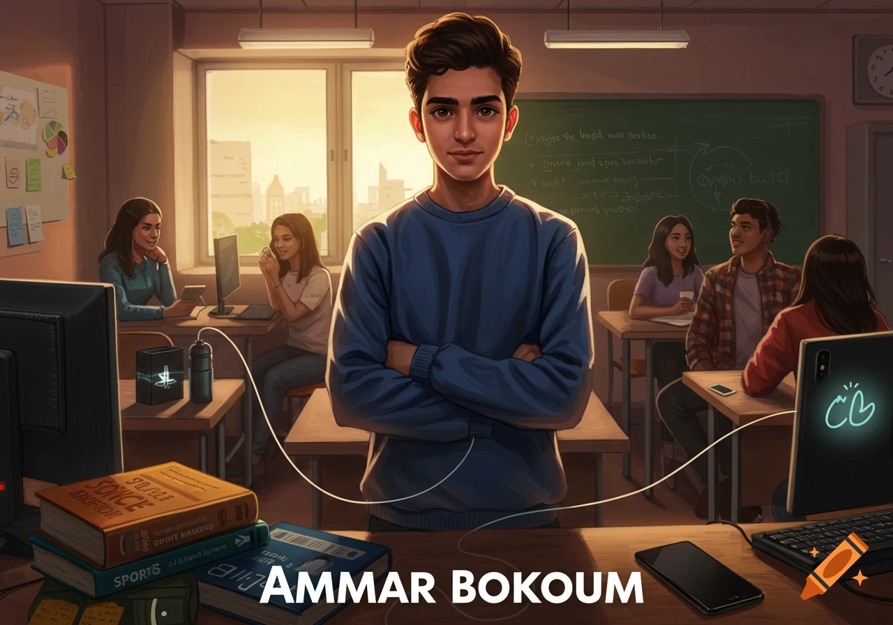 A young man with dark hair and a blue sweater stands in the center of a classroom, arms crossed. Students are in the background, some working on computers, others interacting. Books are on a desk in the foreground, with the name "AMMAR BOKOUM" prominently displayed.