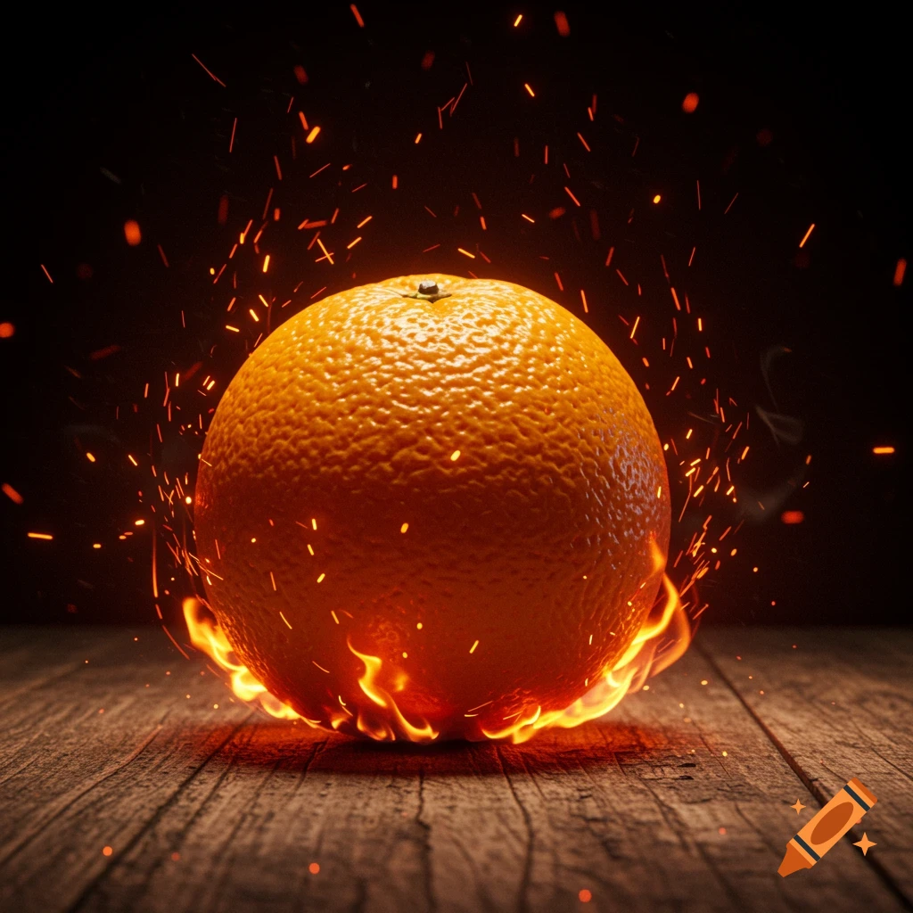 A photorealistic orange engulfed in flames and sparks, sitting on a rustic wooden surface against a dark background.