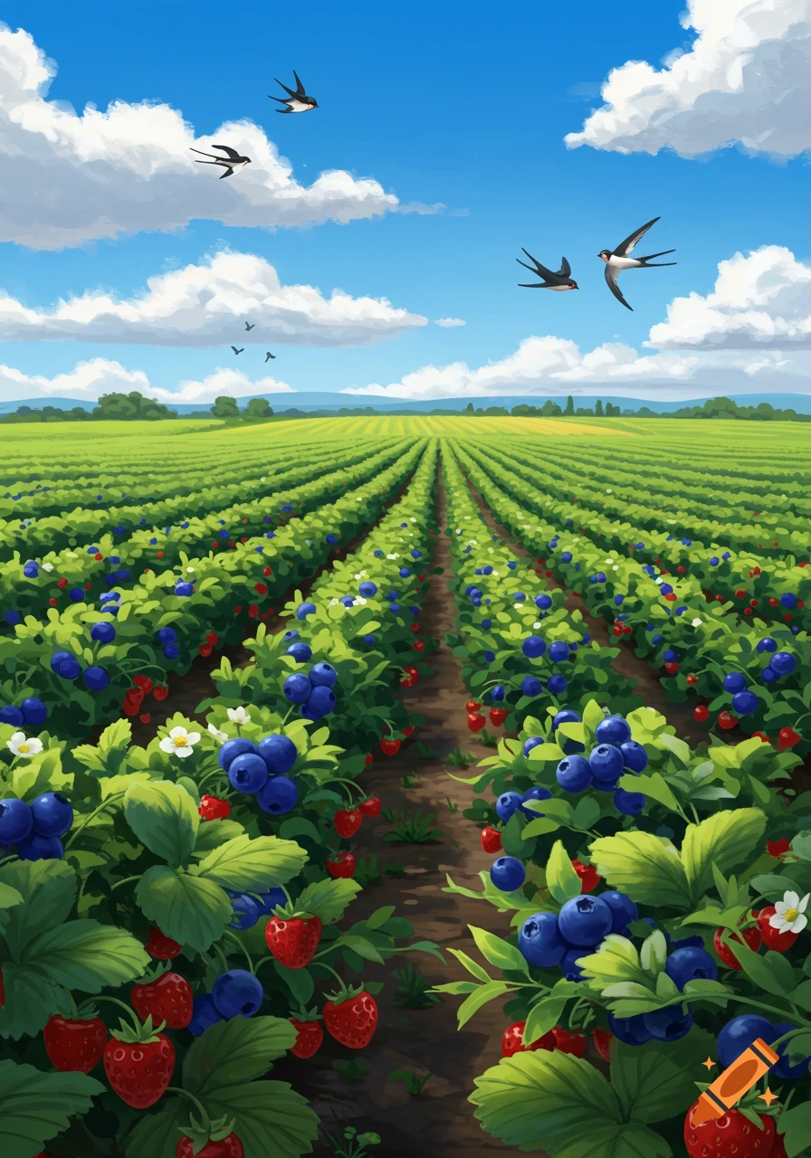 A vibrant field with rows of strawberry and blueberry plants under a blue sky and white clouds. Swallows fly overhead in an illustrative style.