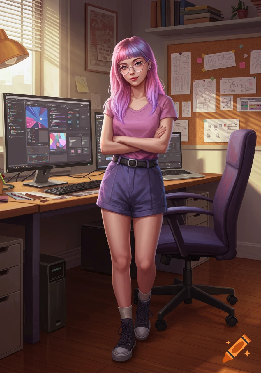 An anime-style girl with pink and purple hair and glasses stands in a brightly lit office with computer monitors and a corkboard.