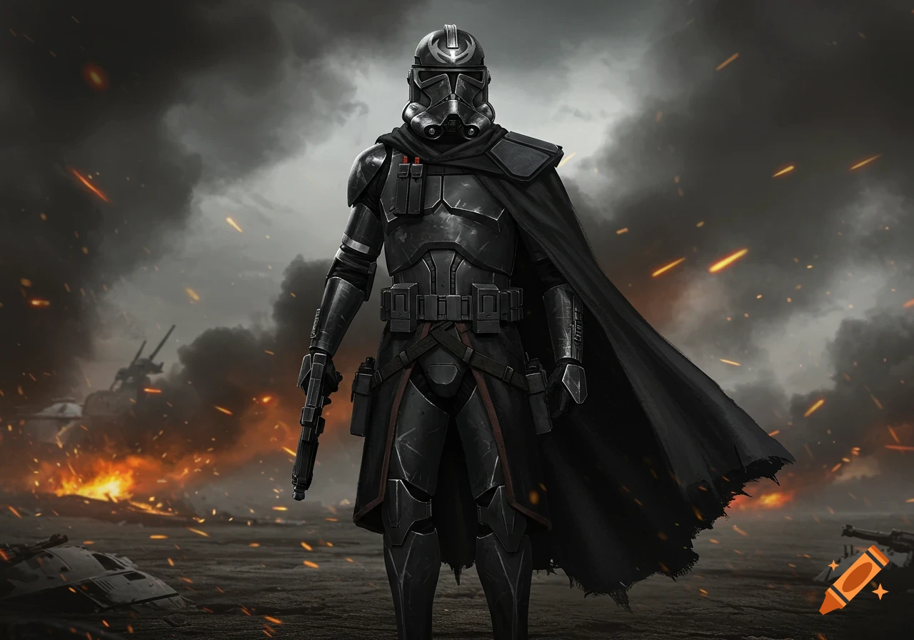 A black and silver armored clone trooper with a cape and rifle stands in a smoky, fiery battlefield.