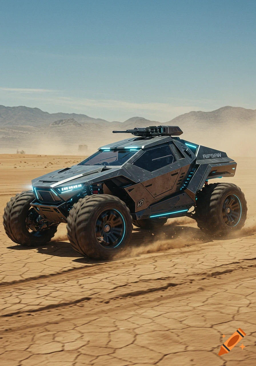A futuristic, dark grey military-style vehicle with large off-road tires and blue glowing accents drives through a dry desert.