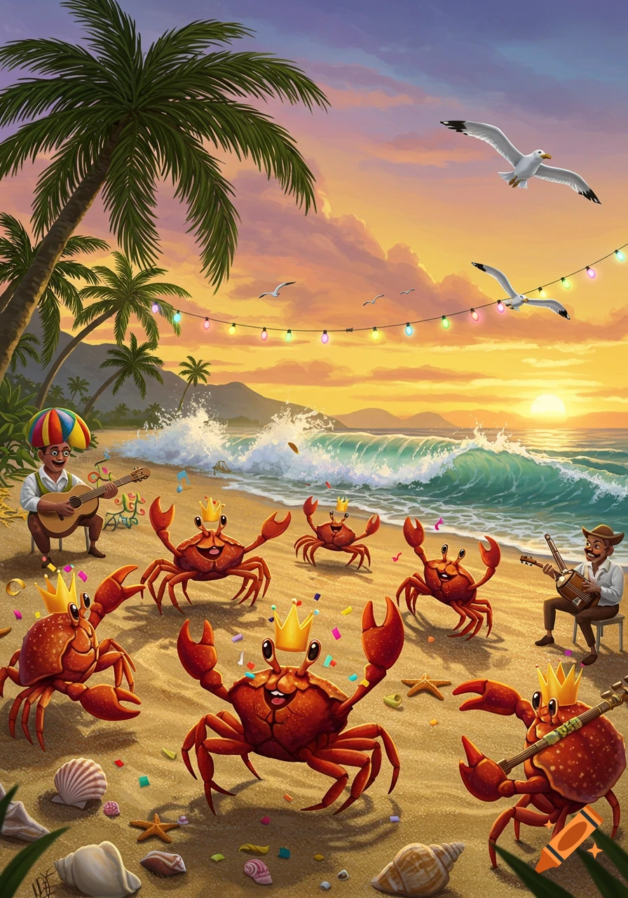 Cartoon of crabs with crowns celebrating on a beach at sunset, with two musicians playing instruments.
