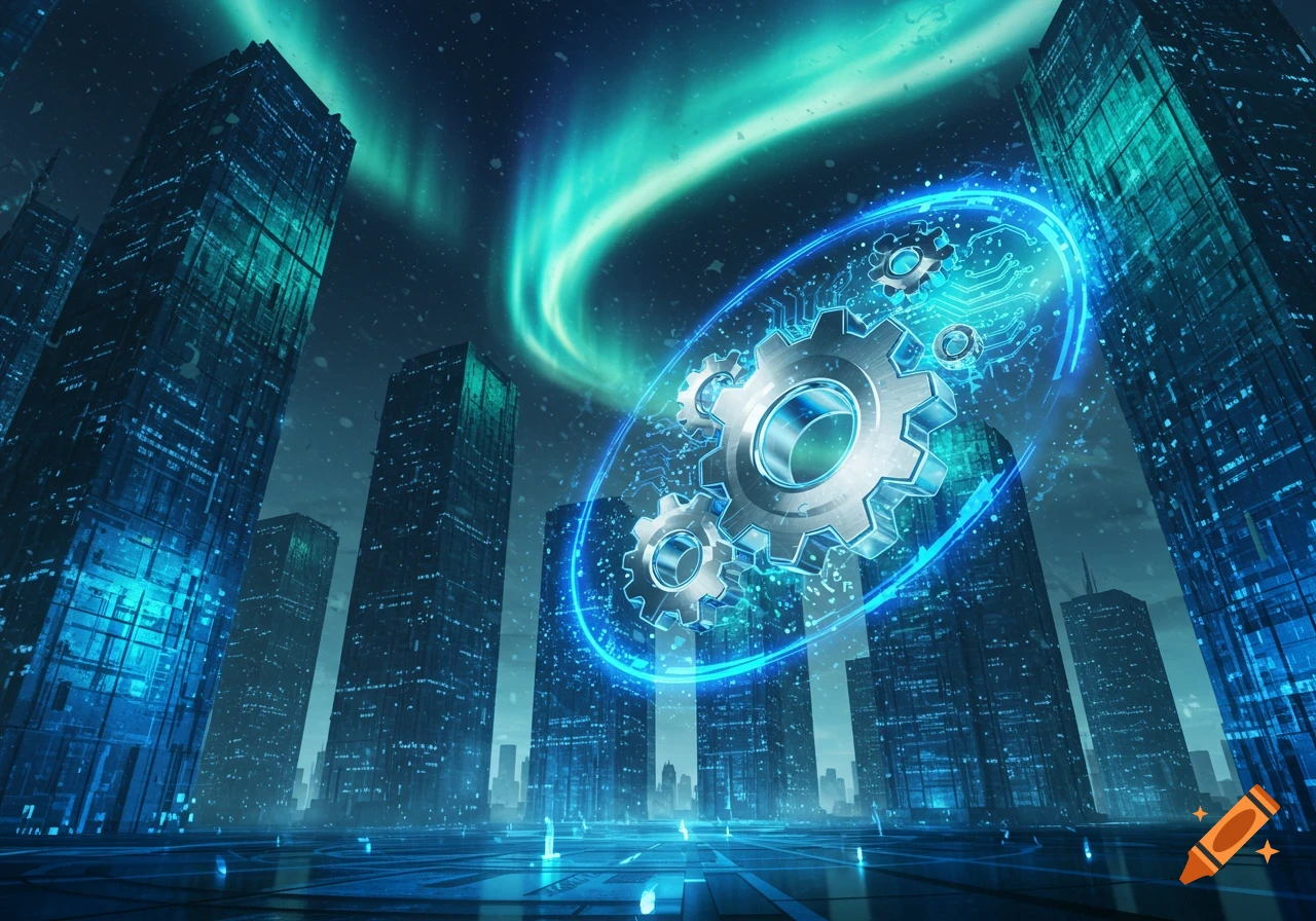 A futuristic cityscape at night under an aurora-lit sky, featuring glowing gears and digital circuit patterns floating above the buildings.