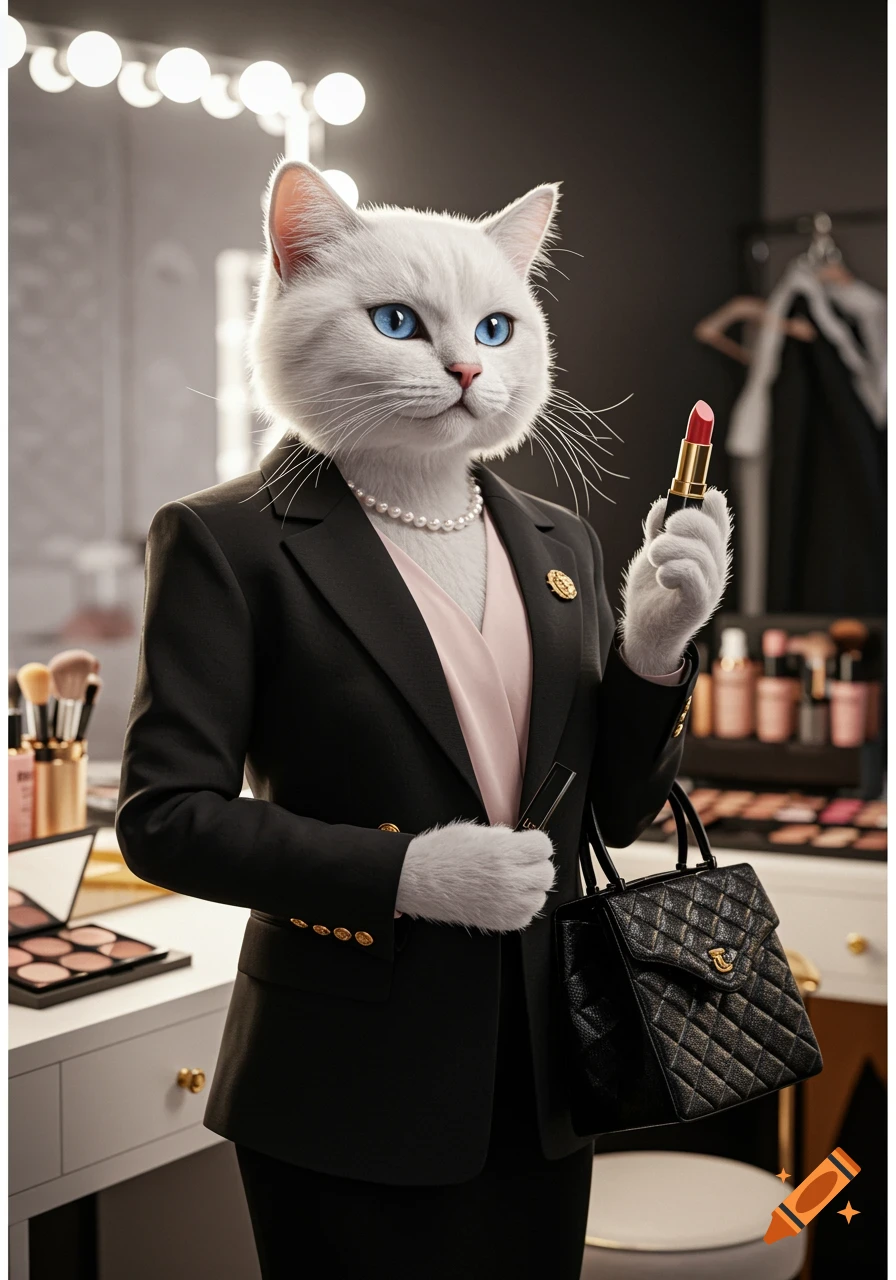 Photorealistic image of an elegant white anthropomorphic cat, styled as a CEO, wearing a black blazer and pearl necklace, holding lipstick and a designer handbag in a beauty studio.