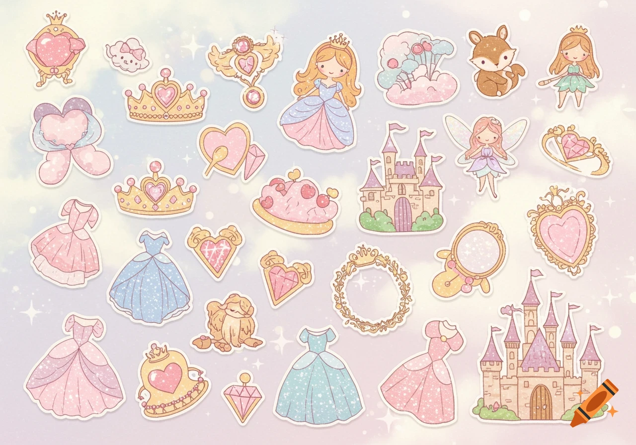 A sheet of adorable princess-themed stickers featuring castles, gowns, crowns, magical items, a princess, a fairy, a fox, and a puppy, all in a pastel, glittery style.