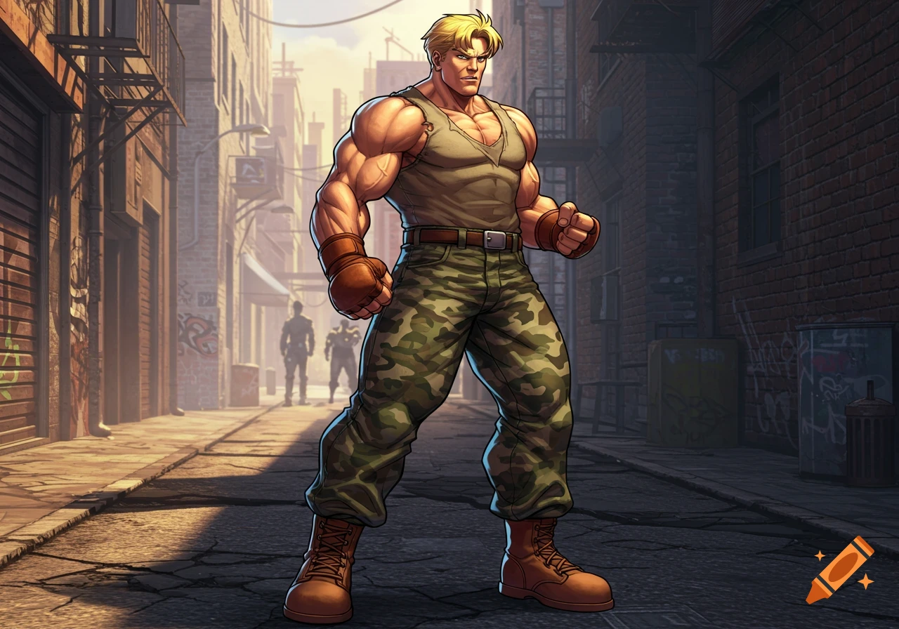 A muscular blonde male character, Luke from Street Fighter, in a tank top and camouflage pants, stands in a stylized urban alley.