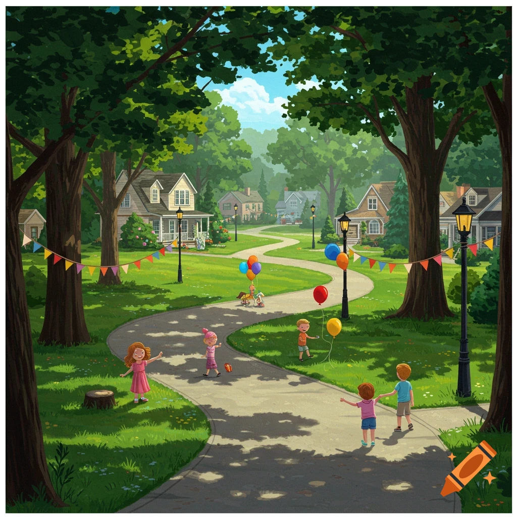 Illustrated view of a neighborhood block party with children playing on a winding path, surrounded by trees and houses.