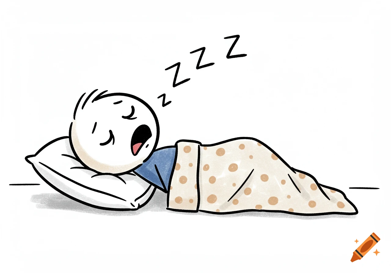 A simple cartoon drawing of a figure sleeping on a pillow under a blanket, snoring with 'Zzz' symbols.
