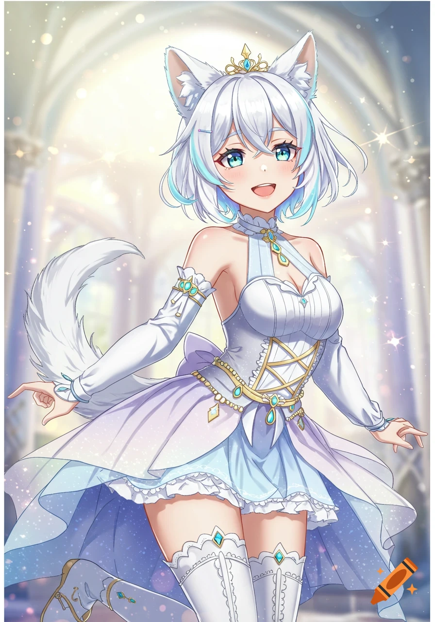An anime girl with white and blue short hair, dog ears, and a fluffy tail. She wears a white and light blue princess dress with gold accents and jewels, standing in a bright, ethereal hall.