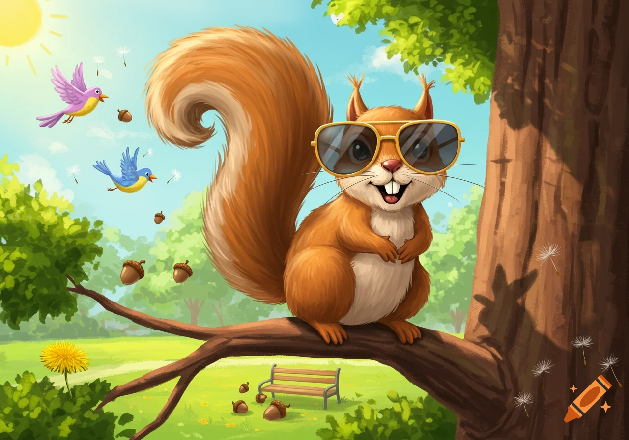 A cheerful cartoon squirrel wearing sunglasses sits on a tree branch in a sunny park with birds.