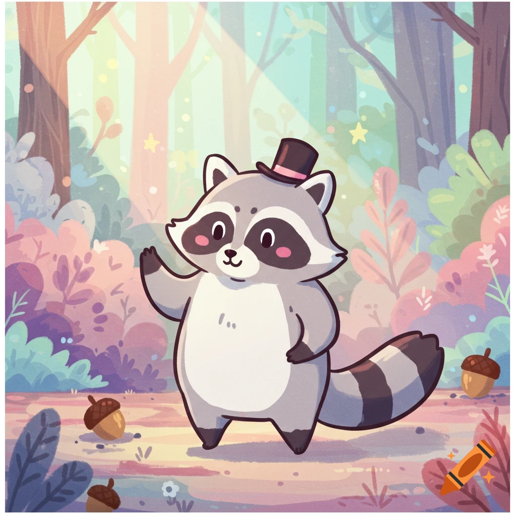 A cute cartoon raccoon wearing a top hat waves in a whimsical, colorful forest.