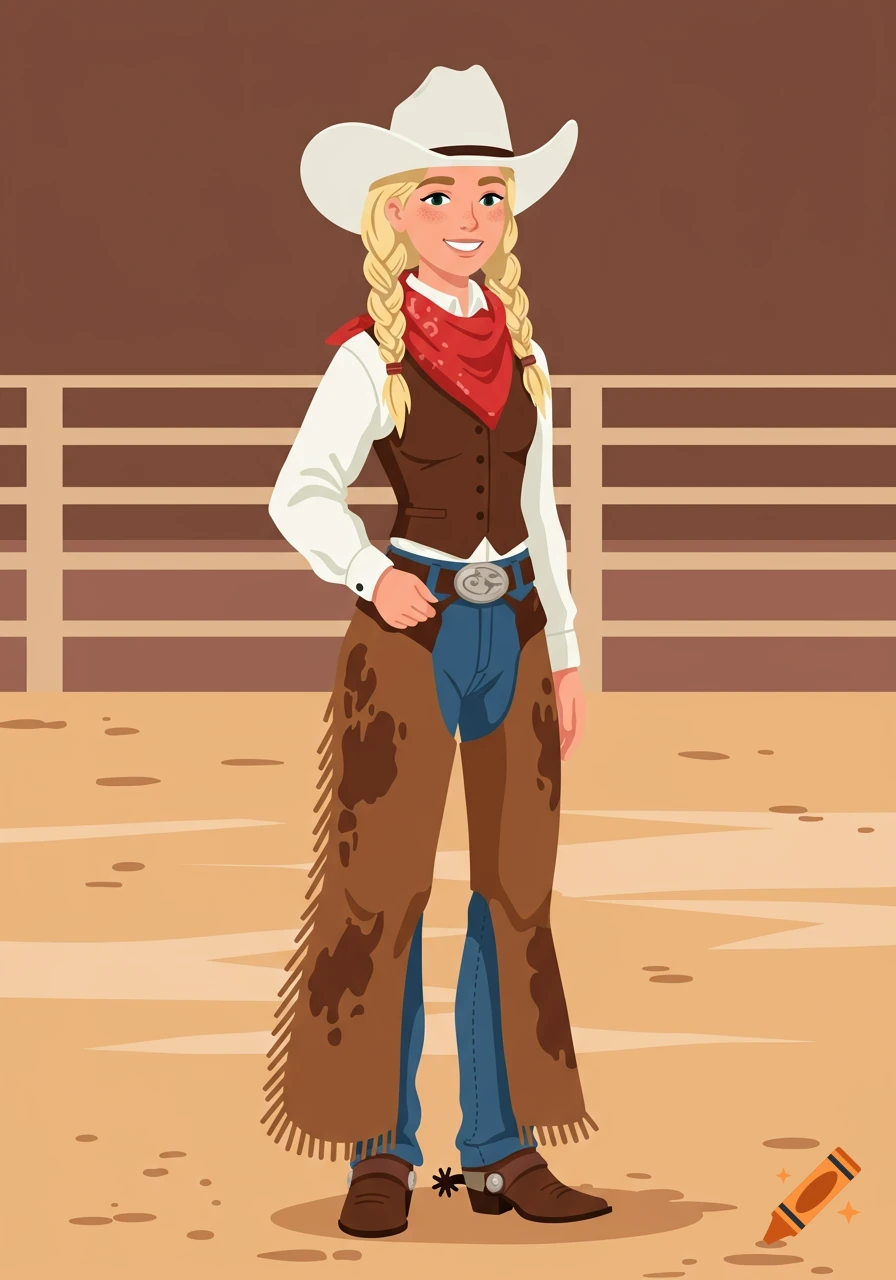 A smiling blonde cowgirl with braided pigtails wears a white hat, red bandana, brown vest, blue jeans under brown chaps, and boots with spurs, standing in a rodeo arena.