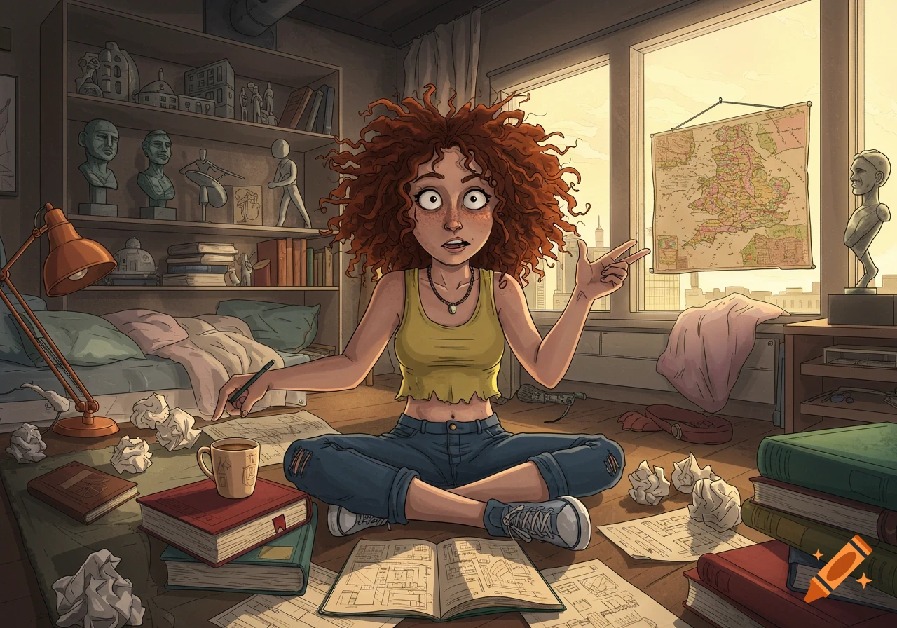 An illustration of a young woman with curly red hair, sitting cross-legged on the floor of a messy room surrounded by books, crumpled papers, and a coffee mug, looking surprised while holding a pen.