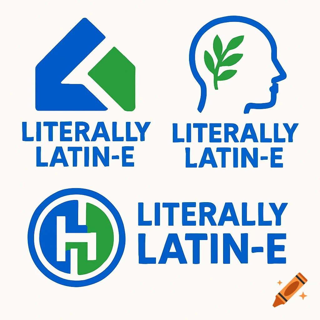 Three different logo concepts for 'Literally Latin-E' in blue and green.