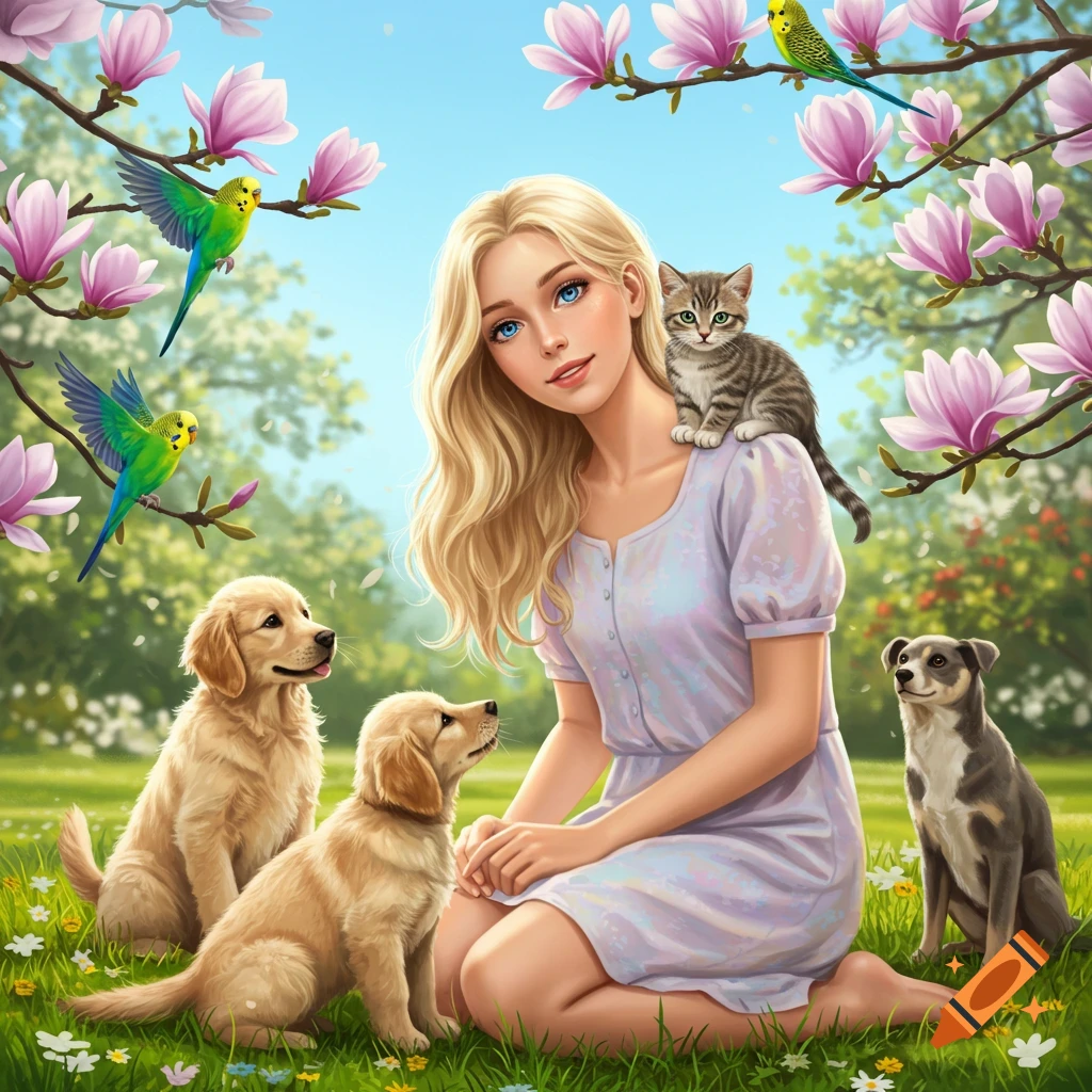 Blonde woman with blue eyes sits in a grassy field with puppies, a dog, a kitten on her shoulder, and parakeets among pink magnolia flowers. Illustrated style.