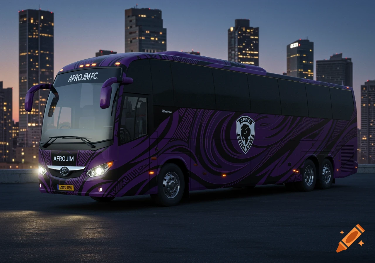 A purple and black bus, branded "AFROJIM FC.", is parked on an asphalt surface at dusk with a city skyline in the background.