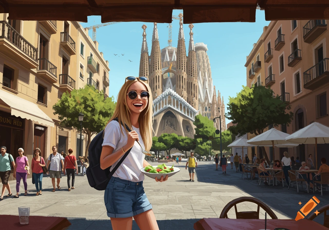 A smiling blonde woman holds a salad on a sunny Barcelona street with Sagrada Familia in the background, in an illustrative style.