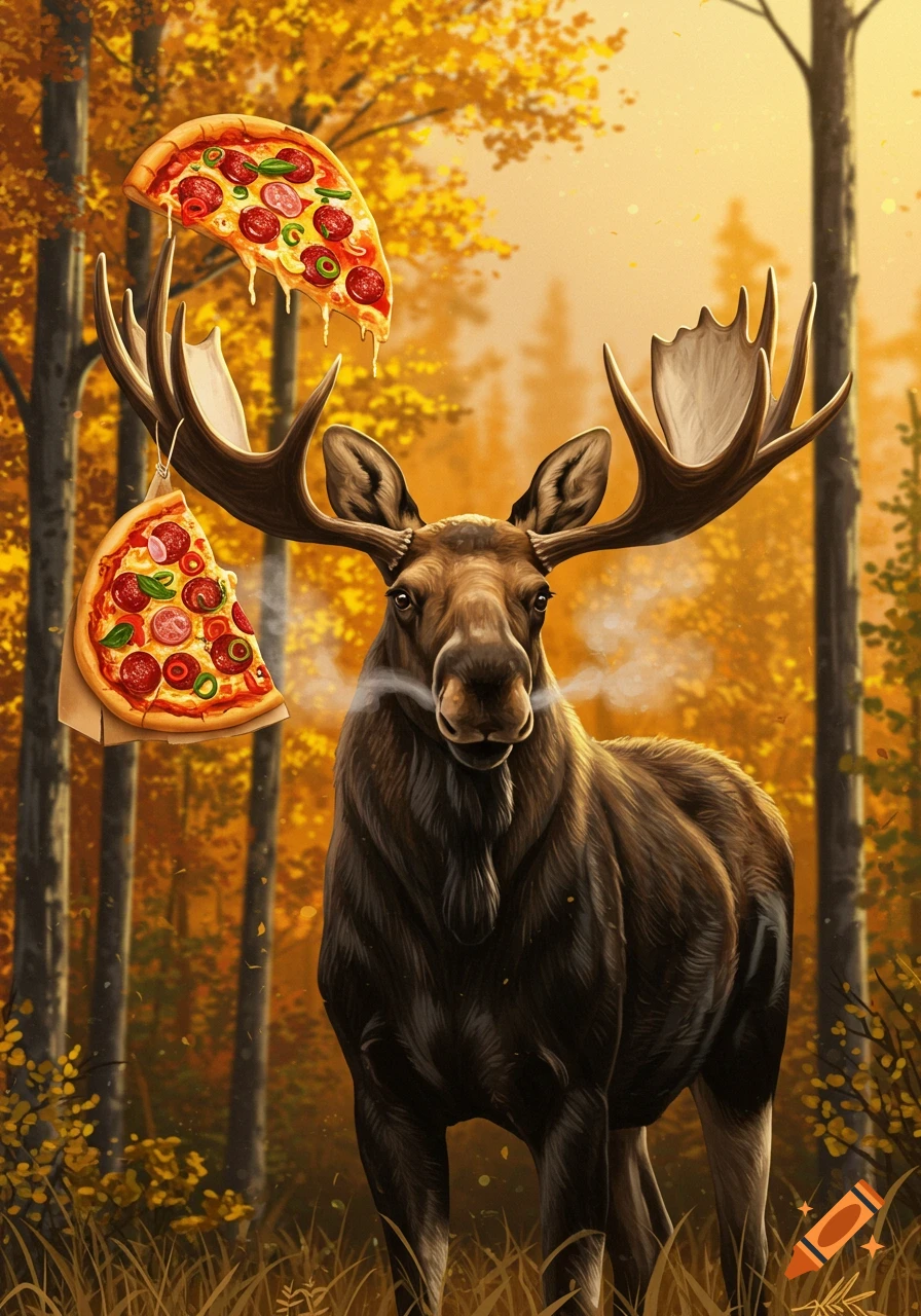 A majestic moose with two slices of pizza on its antlers stands in a vibrant autumn forest, illustrated.