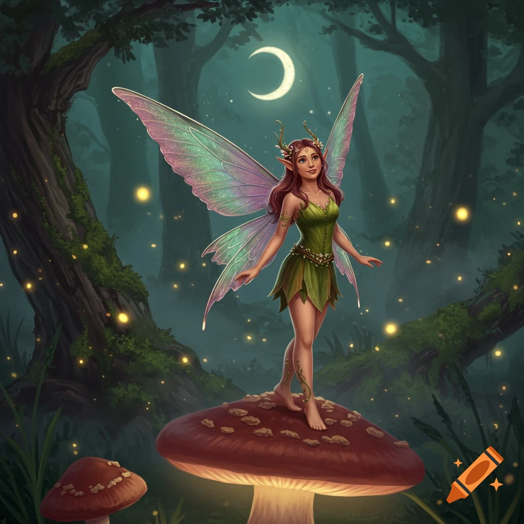 A red-haired fairy with colorful wings stands on a glowing mushroom in an enchanted forest at night under a crescent moon, surrounded by fireflies.